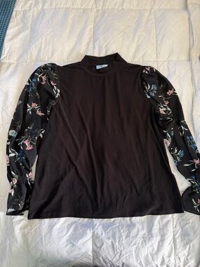 CeCe Black Top with Floral Puff Sleeves